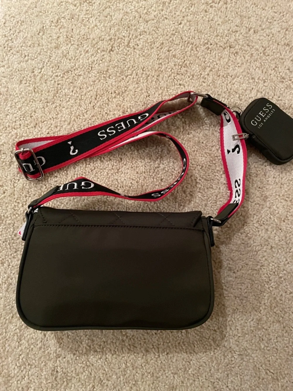 Guess Olive Green Mini Crossbody with Black, Red & White Logo Strap - Picture 12 of 13